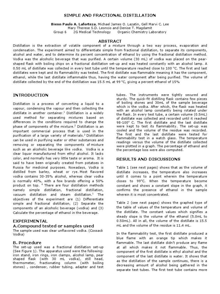 Distillation Lab Report For Anic Chemistry Simple Distillation Lab Report