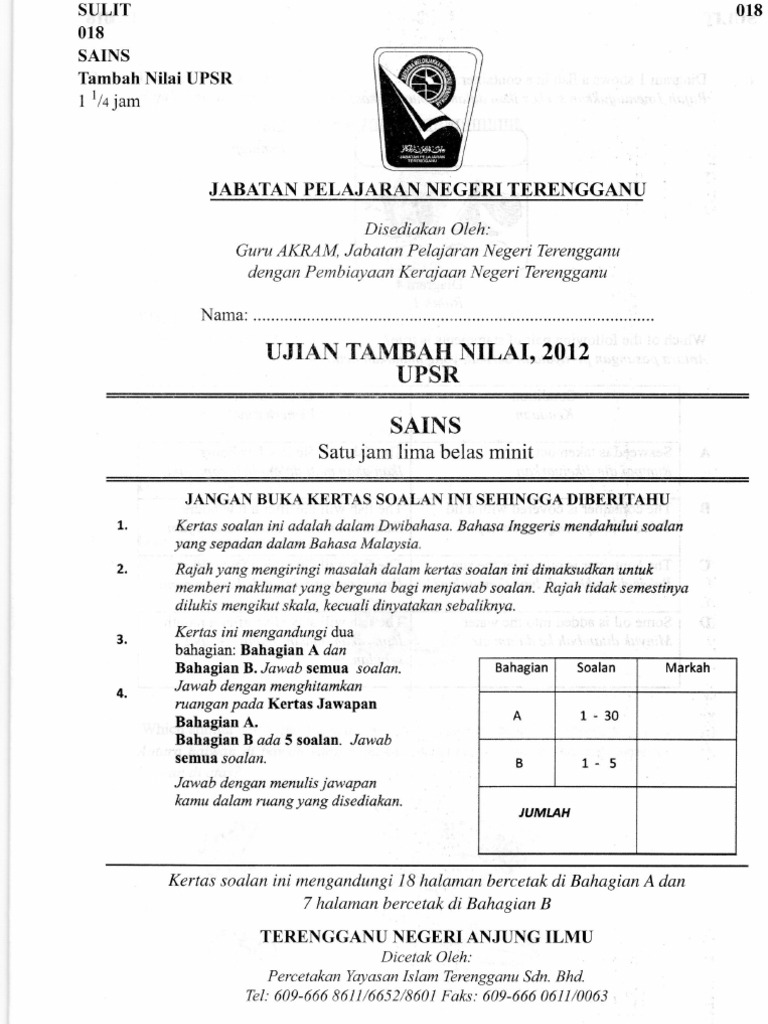 Sains - Tambah Nilai - Terengganu 2012