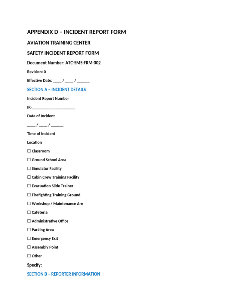 Appendix D - Incident Report Form | PDF | Injury