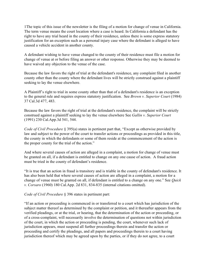Motion For Change of Venue in California PDF Venue (Law) Complaint
