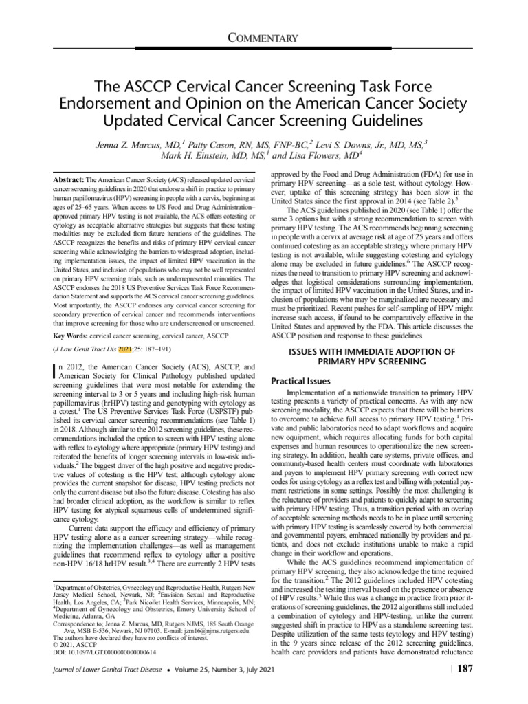 The Asccp Cervical Cancer Screening Task Force.1 | PDF | Cervical ...