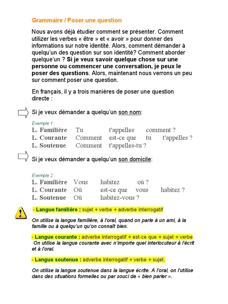 Poser des questions en français | PDF | Verbe | Sujet (Grammaire)