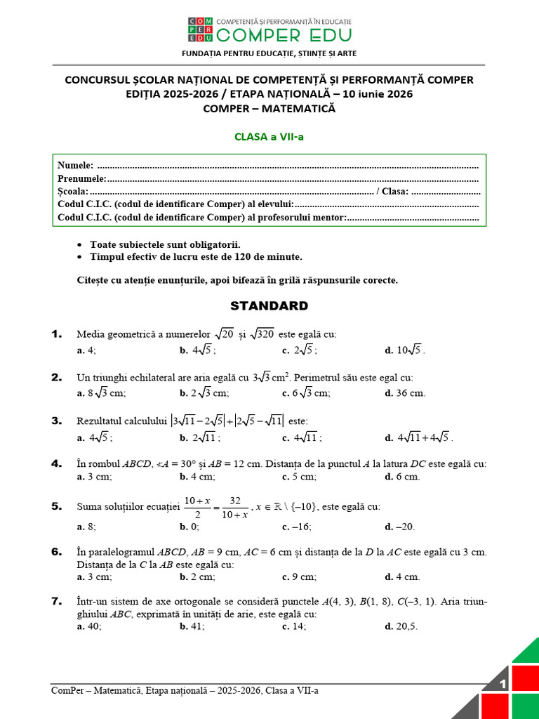 Subiect Comper Mate EtapaN 2025 2026 ClasaVII | PDF