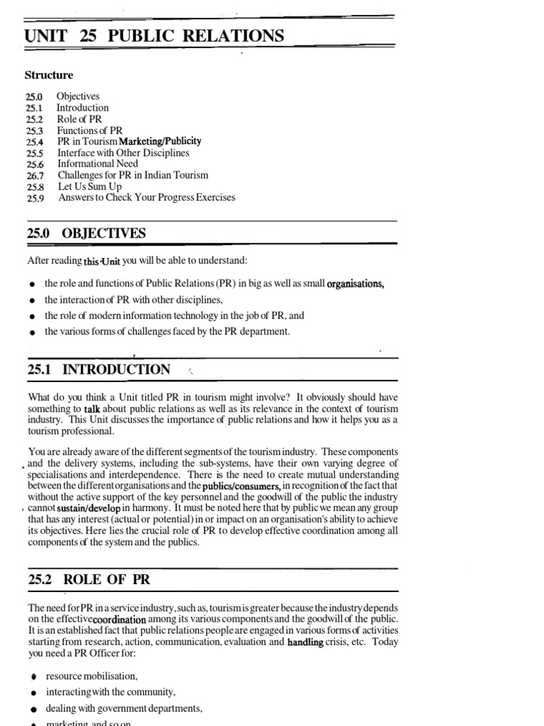Unit Public Relations: 25.0 Objectives | PDF | Public Relations | Tourism