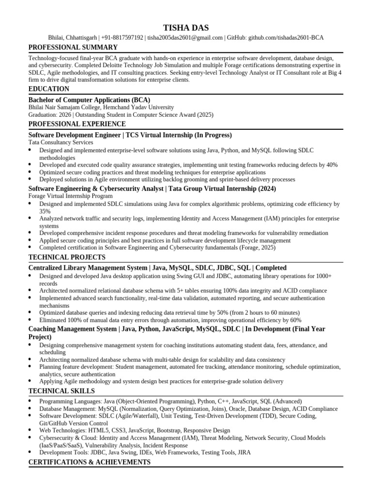TISHA DAS Resume Harvard Style | PDF | Databases | Java (Programming ...