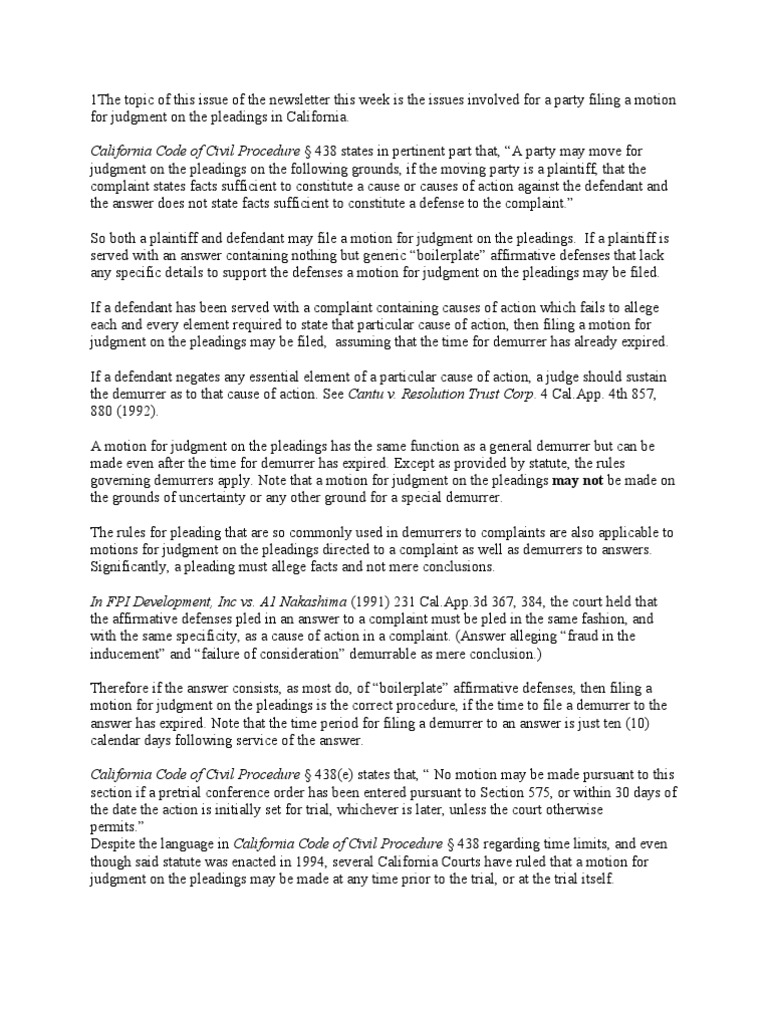 Motion for Judgment on the Pleadings in California Pleading Demurrer
