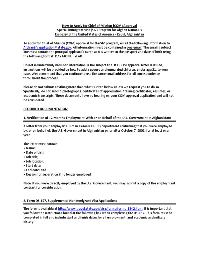 Afghan SIV Guidelines and DS 157 Instructions | PDF | Travel Visa ...