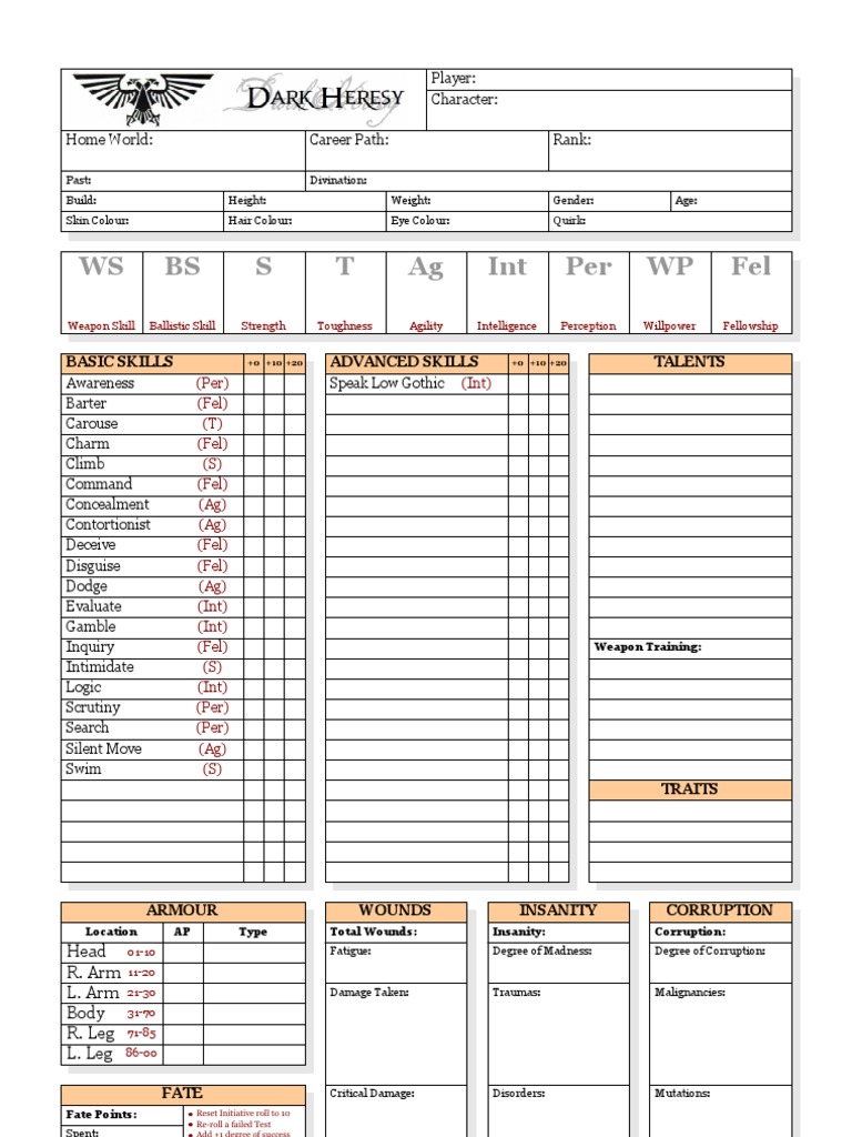 Dark Heresy Character Sheet (Fan Made) - 2 Page
