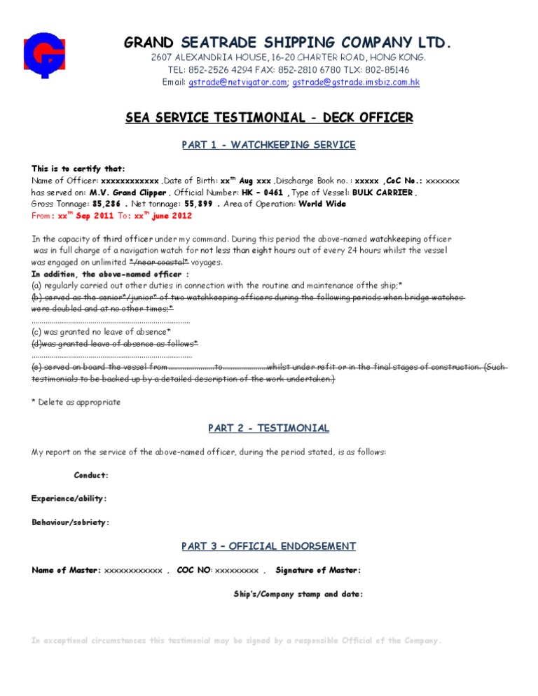 Sea Service Testimonial For Deck Officer as Per MCA 