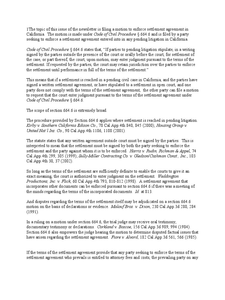 Motion to Enforce Settlement Agreement in California Settlement