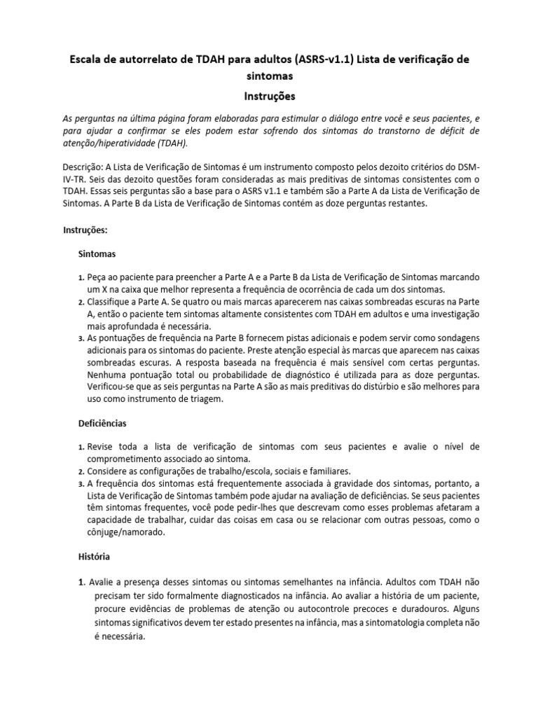 Escala de Autorrelato de Tdah Para Adultos (Asrs-V1.1) | PDF