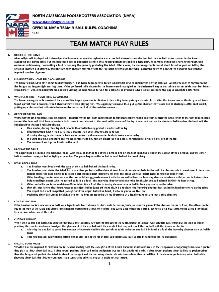 NAPA Leagues 9Ball "Coaching" Rules PDF Precision Sports Cue Sports