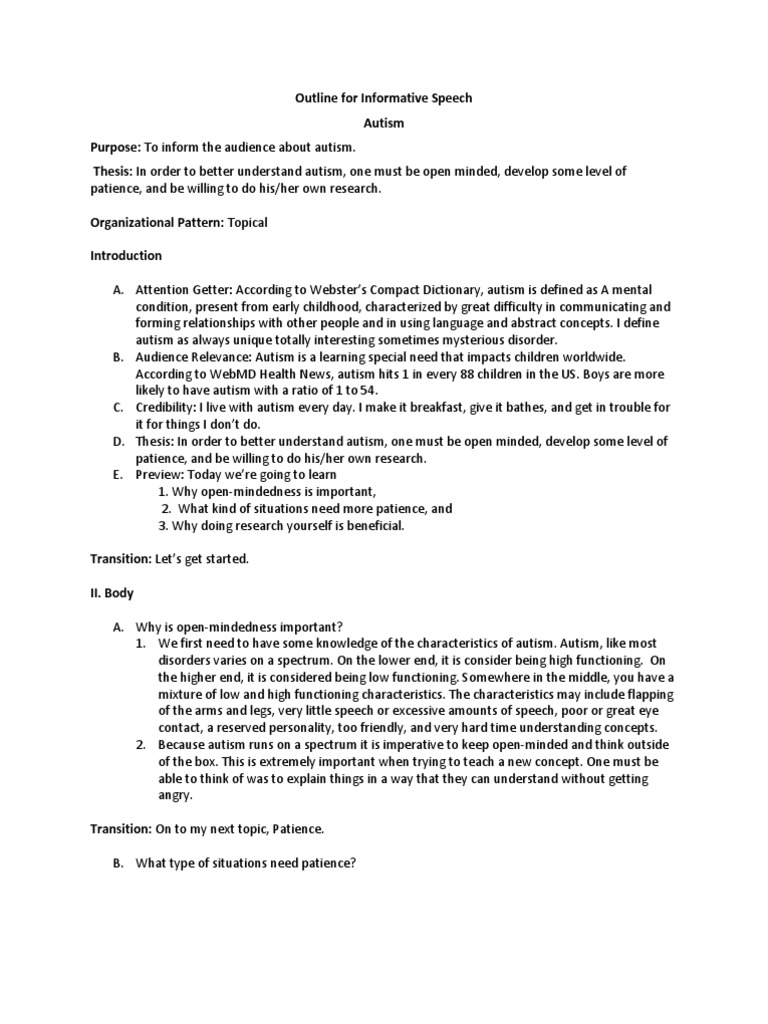 Outline For Informative Speech  Autism  Mental Disorder