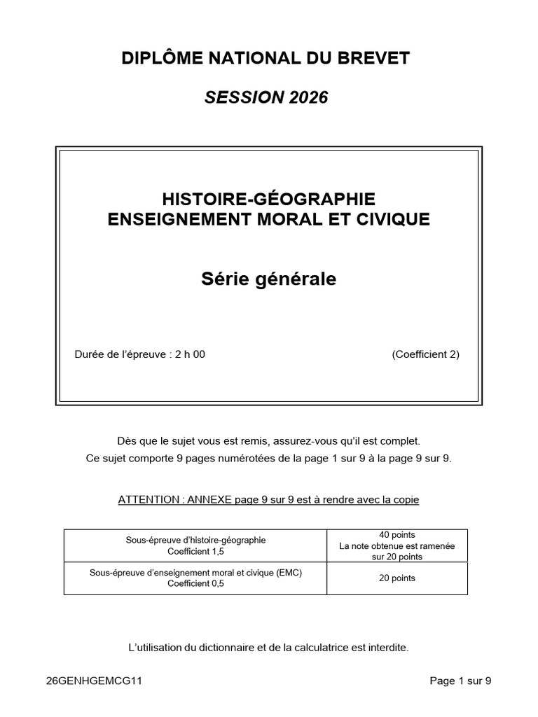 Brevet 2026 - sujet HG EMC - 26GENHGEMCG11 | PDF | France | Union