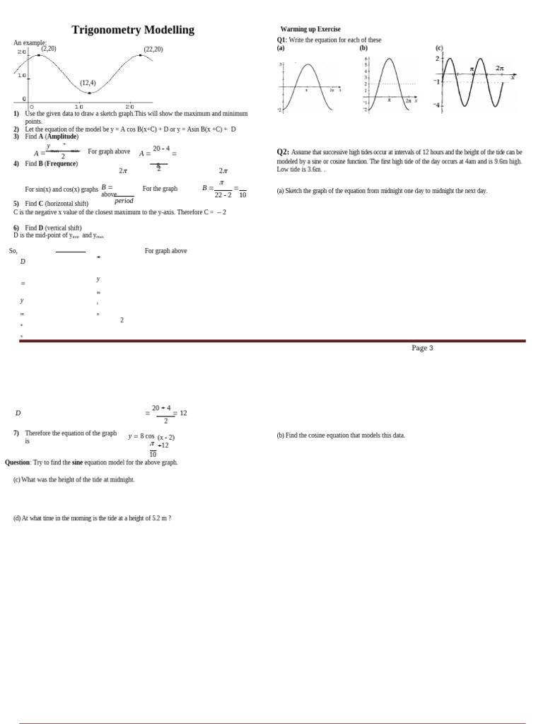 Trigonometry Modelling Booklet (2023) | PDF | Equations | Tide