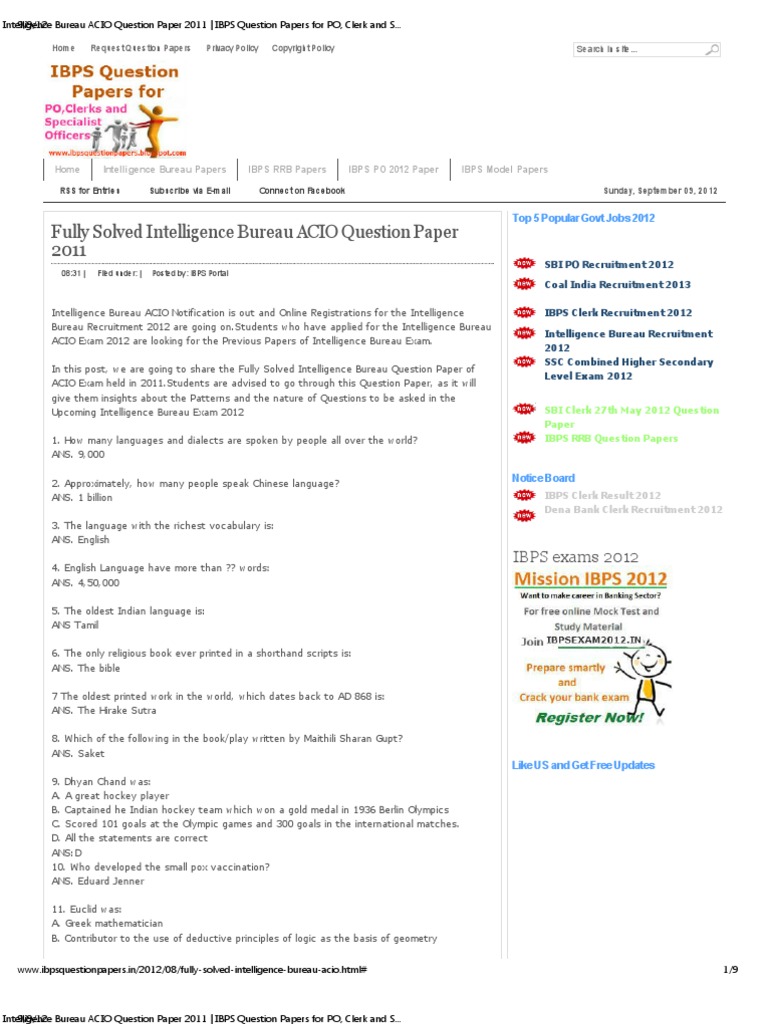 Fully Solved Intelligence Bureau ACIO Question Paper 2011 - IBPS ...