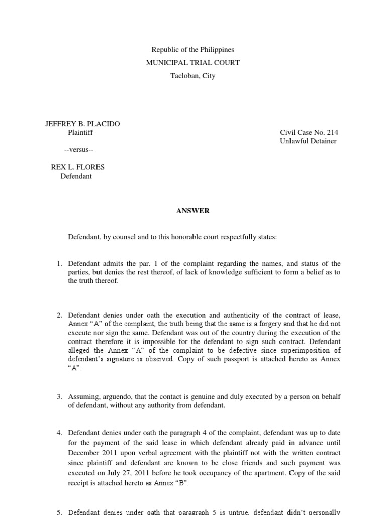 Answer to Complaint Affidavit Notary Public