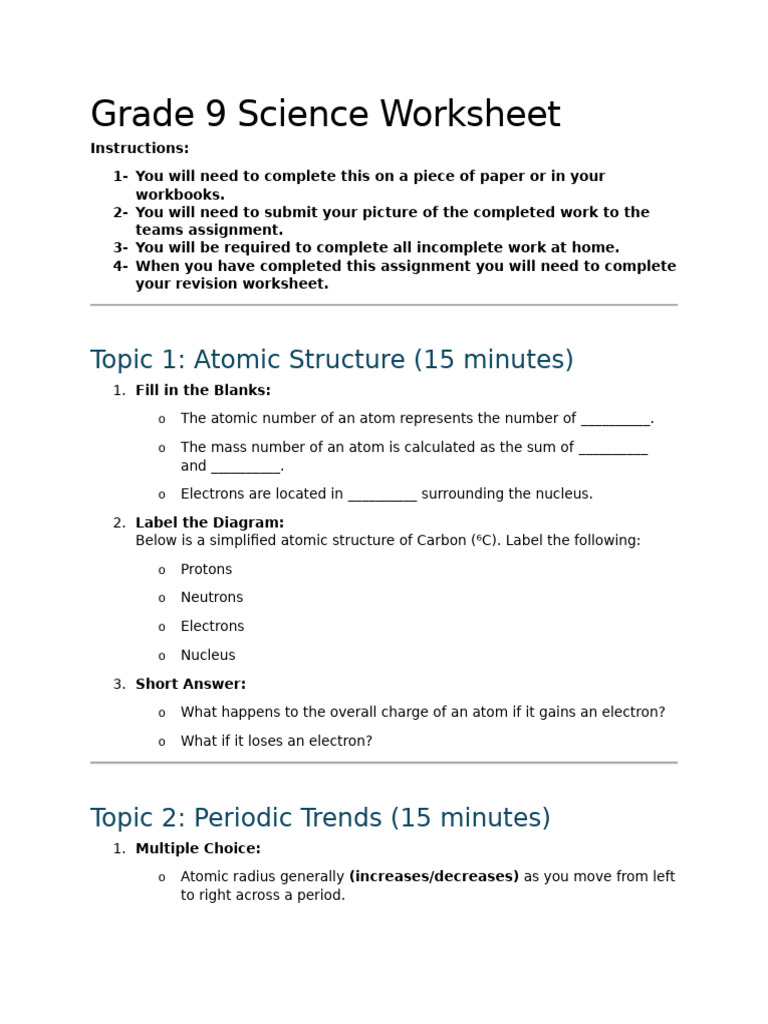 Grade 9 Science Worksheet Atomic Structure And Periodic Table Pdf 