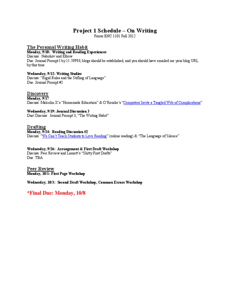 Project 1 Schedule - On Writing | PDF