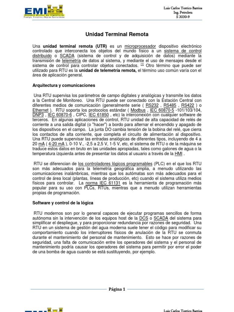 Unidad Terminal Remota (UTR) y SCADA | PDF | Scada | Controlador lógico ...