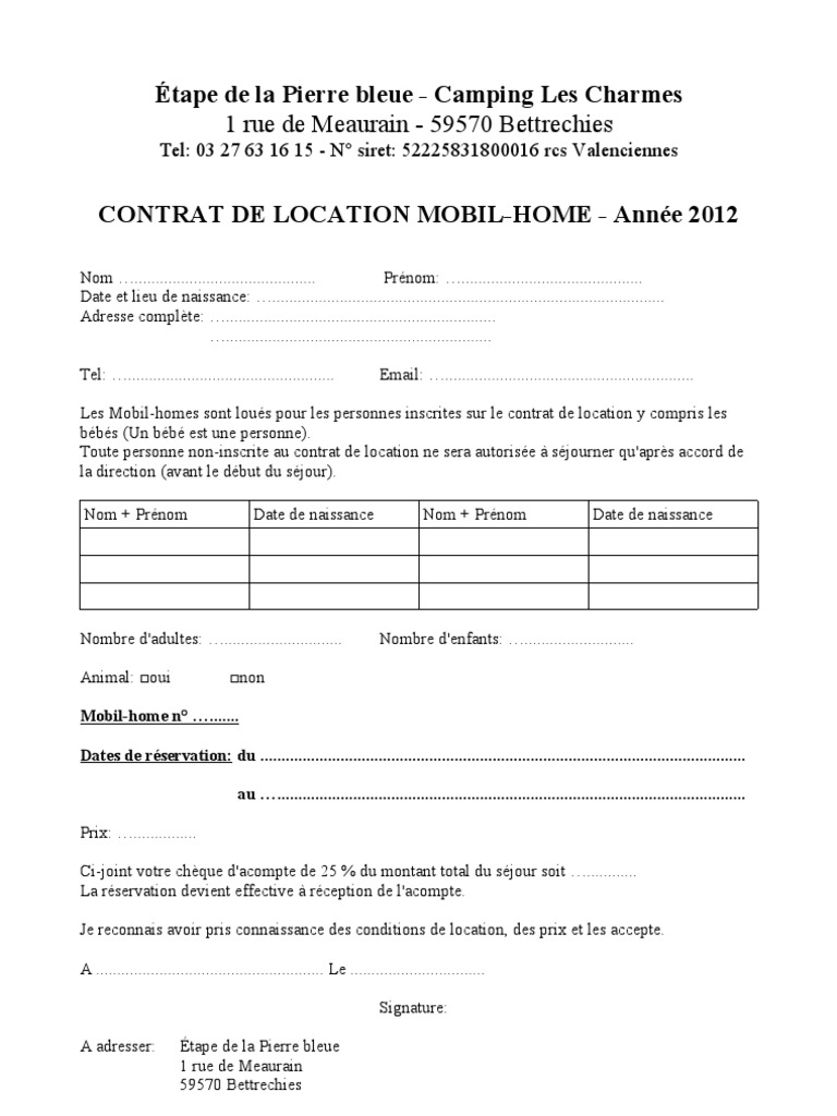 Contrat Location Mobile Home