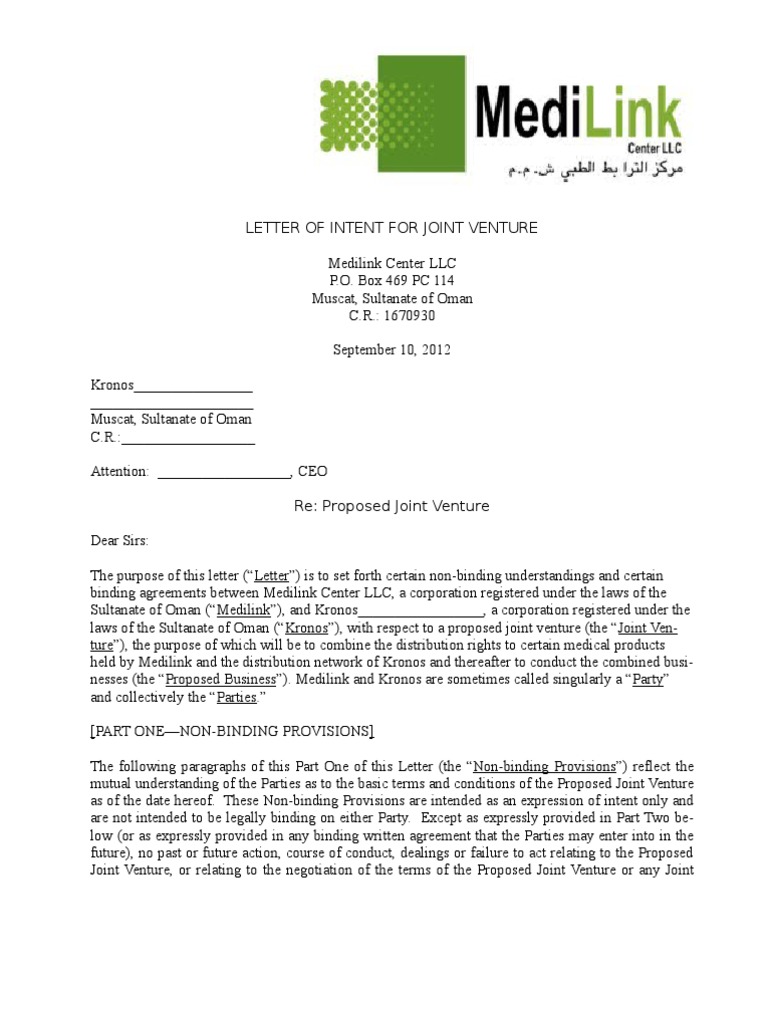 Letter of Intent - Joint Venture Kronos | Download Free PDF | Joint ...