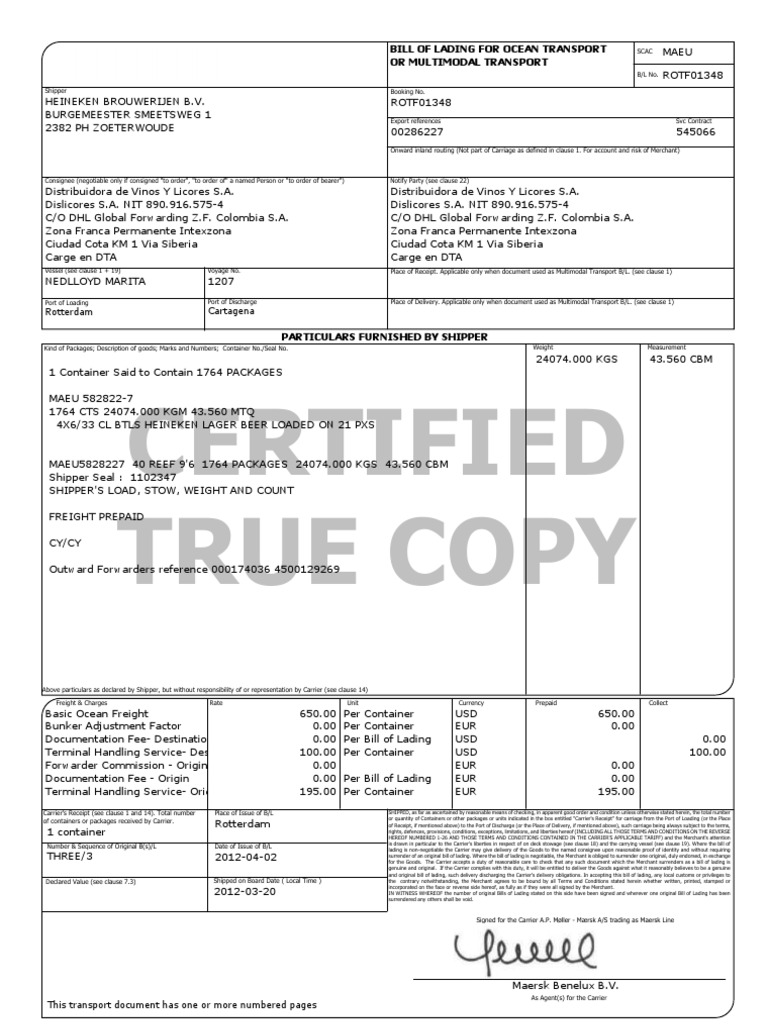 Certified true copy bill of lading for ocean transport or multimodal 