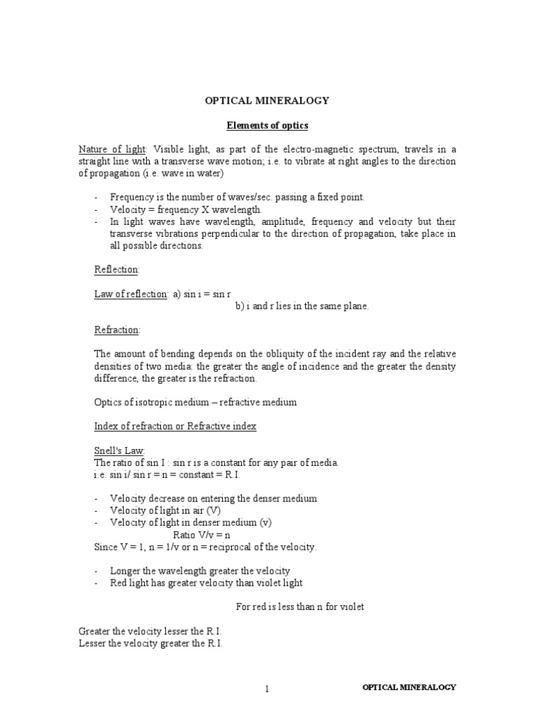 Optical Mineralogy PDF Refractive Index Refraction