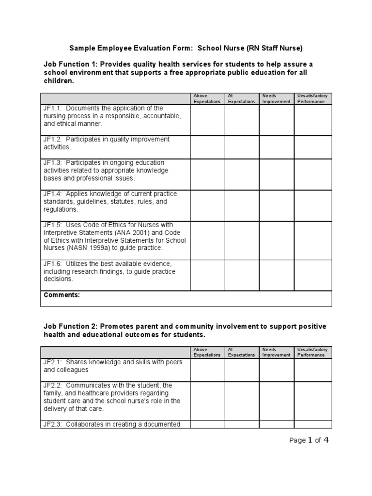 School Nurse Performance Evaluation Form | PDF | Nursing | Health Care