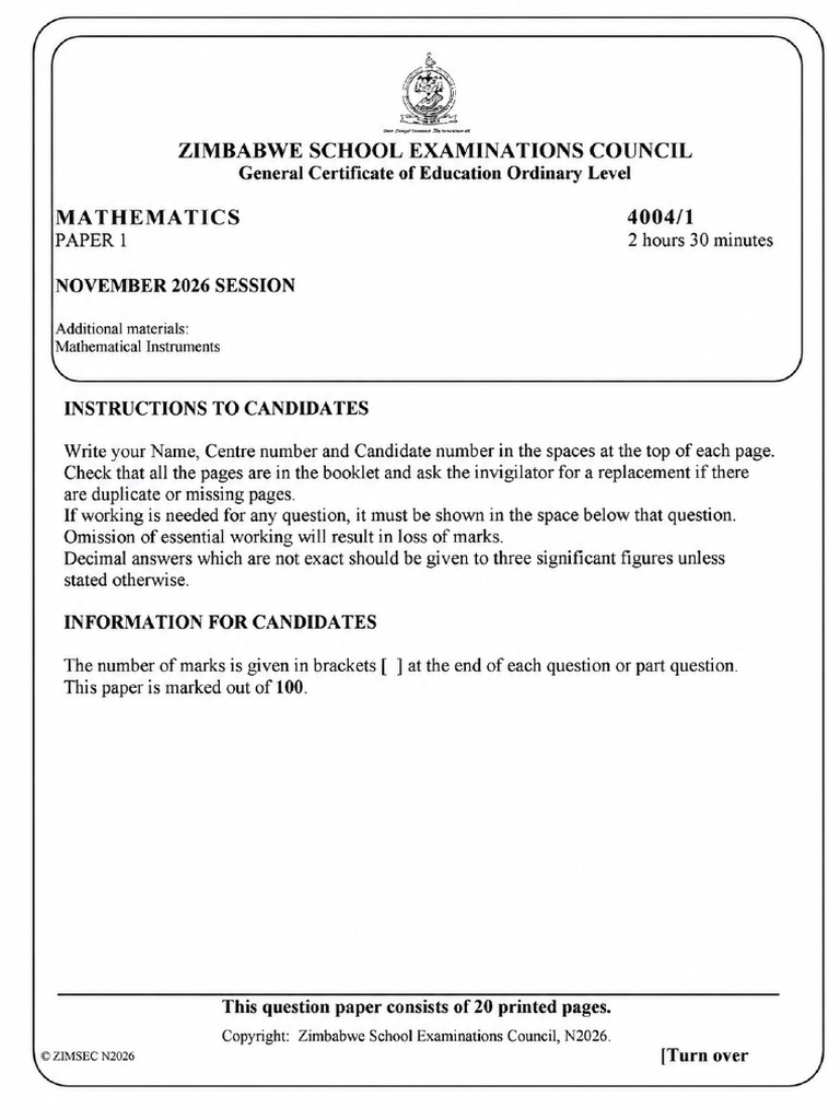 Zimsec November 2026 Mathematics Paper 1 Leaked | PDF