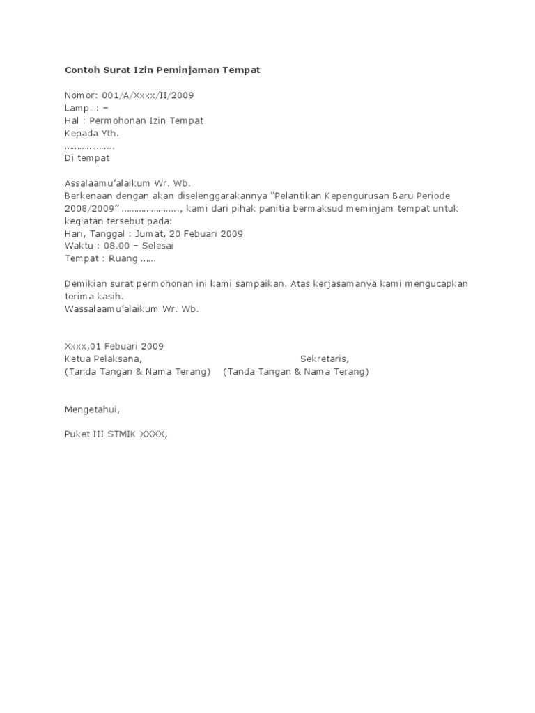Contoh Surat Izin Peminjaman Tempat Pdf
