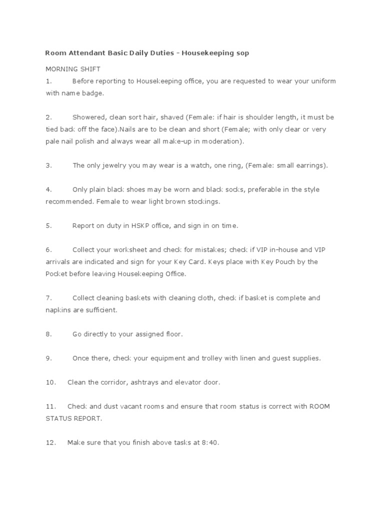 Room Attendant Basic Daily Duties SOP Housekeeping Nature