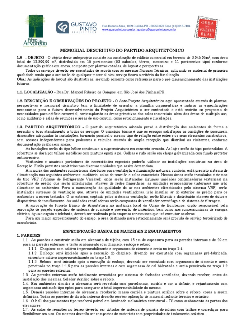 Memorial Descritivo de Edifício Comercial | PDF | Argamassa (alvenaria ...