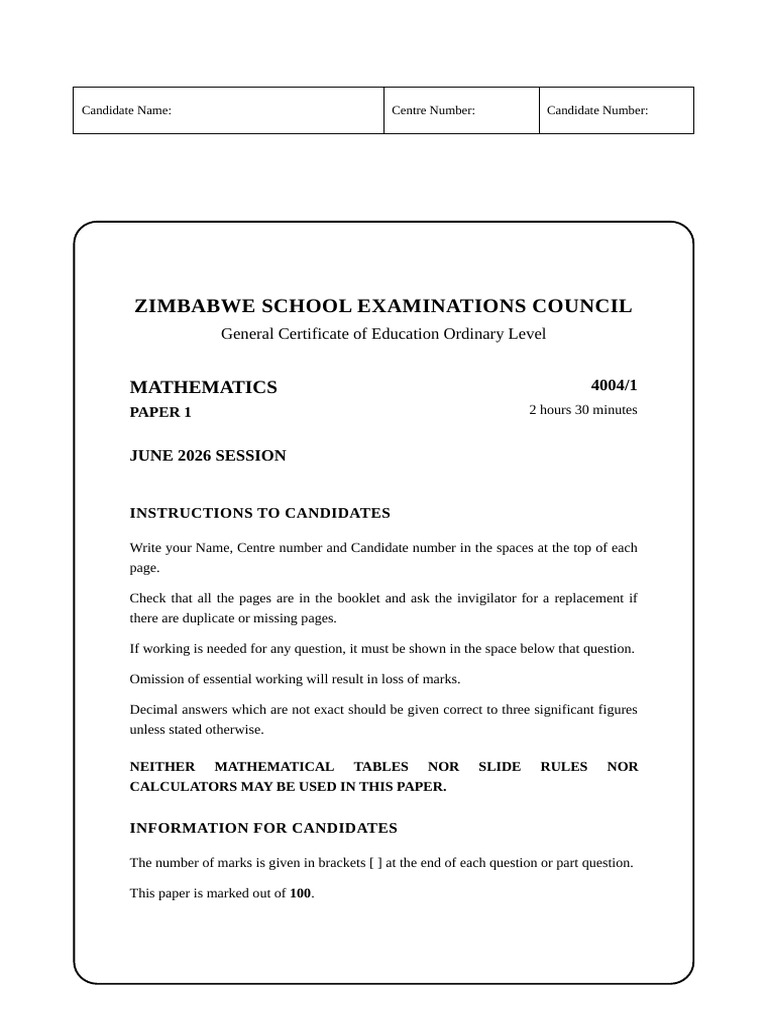 Zimsec O Level Maths Paper 1 June 2026 | PDF