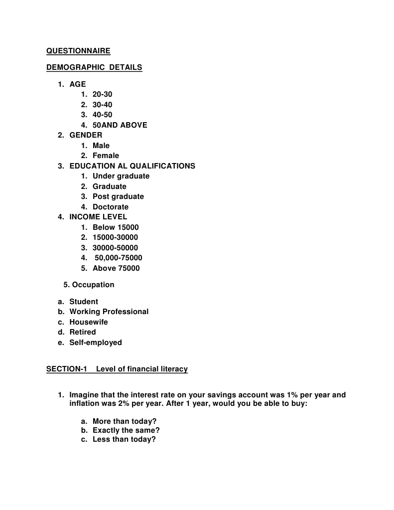 Questionnaire Revised 2 | PDF | Financial Literacy | Loans