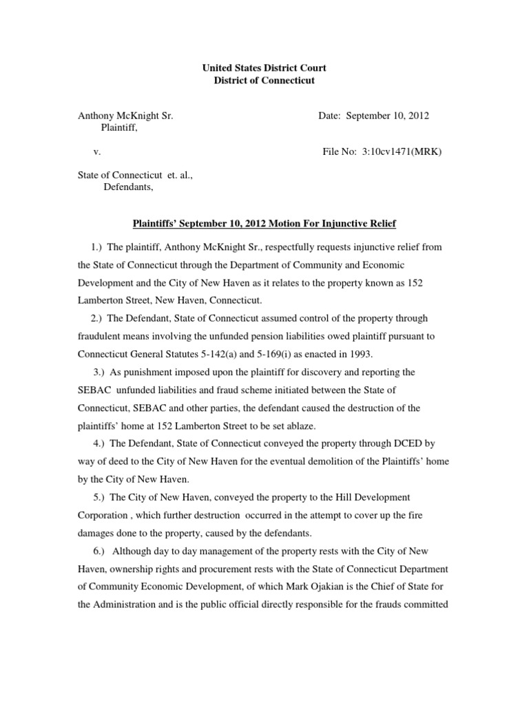 Motion For Injunctive Relief | PDF | Connecticut | Damages