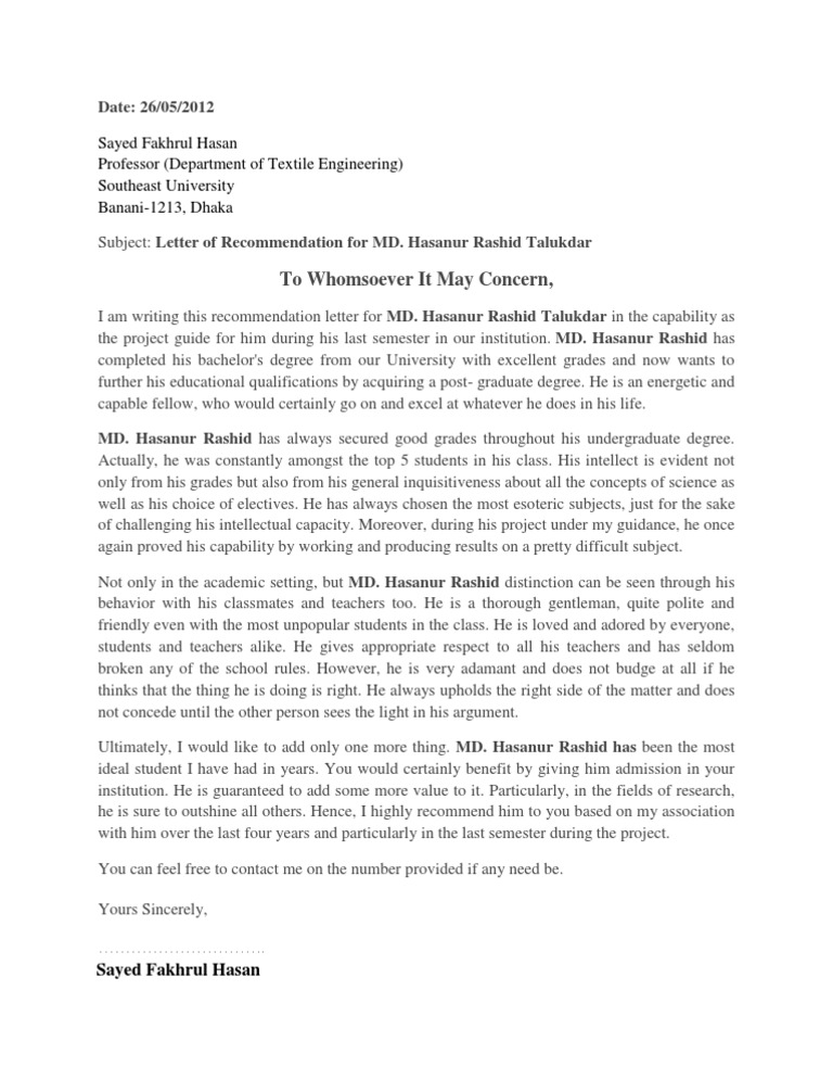 Recommendation Letter | Academic Degree | Bachelor's Degree