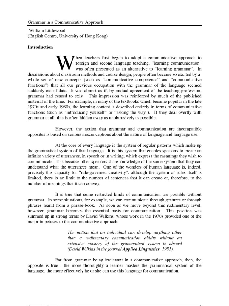 Grammar in A Communicative Approach William Littlewood Article PDF