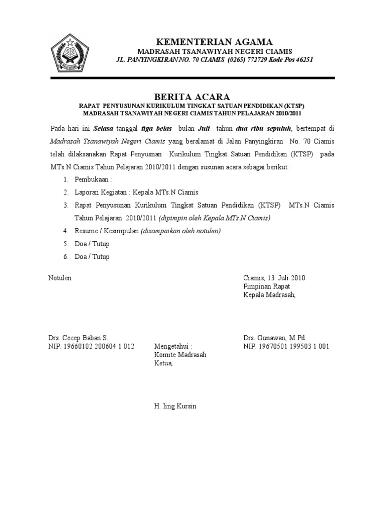 Berita Acara Rapat Penyusunan Ktsp 2010 2011