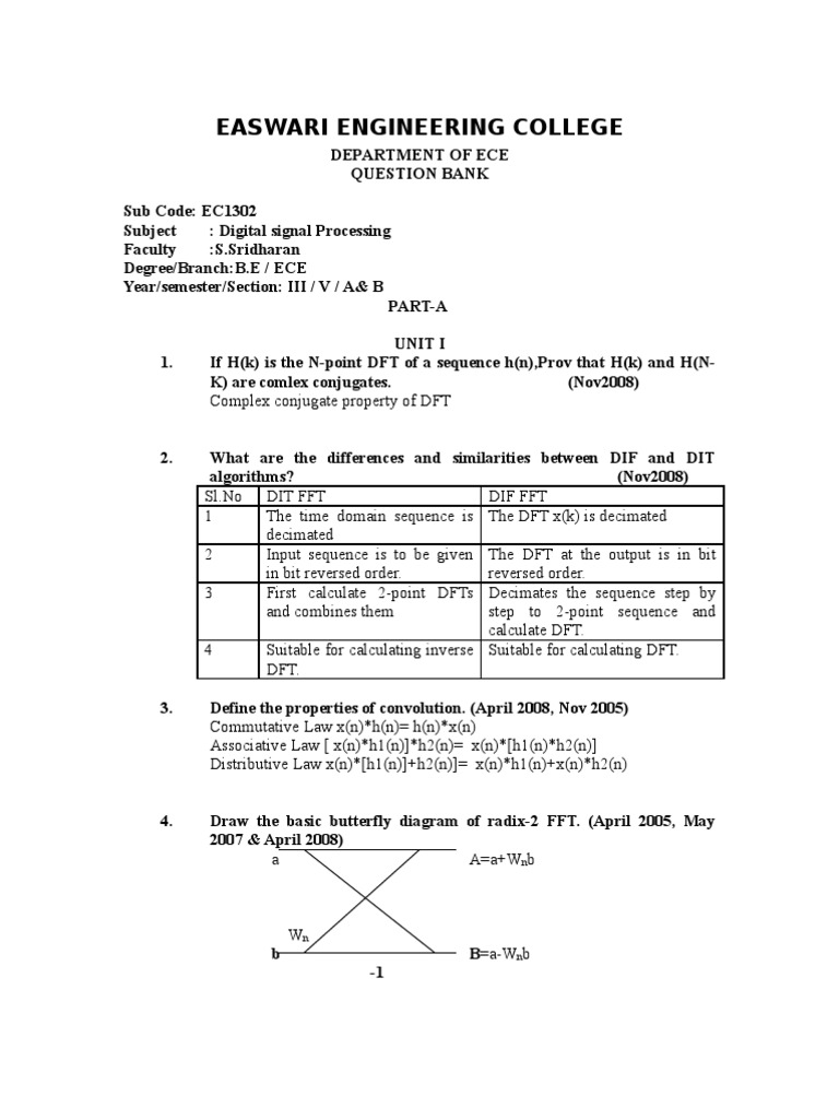 Dsp Ec1302 Parta Part B Questions And Answers11 Spectral Density Discrete Fourier Transform