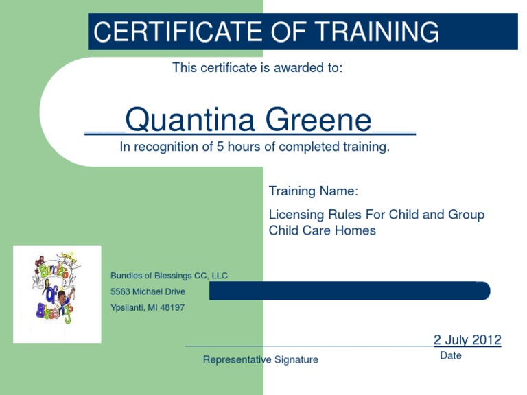 Child Care Licensing Training Certificate | PDF