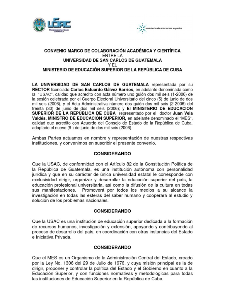 Convenio Marco de Colaboracion Academica y Cientifica Entre La Usac y ...