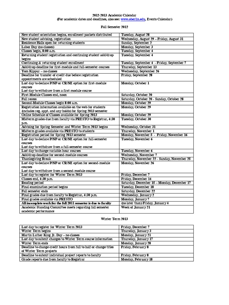 Oberlin College Academic Calendar 2012-13 | PDF | Academic Term | Educational Institutions