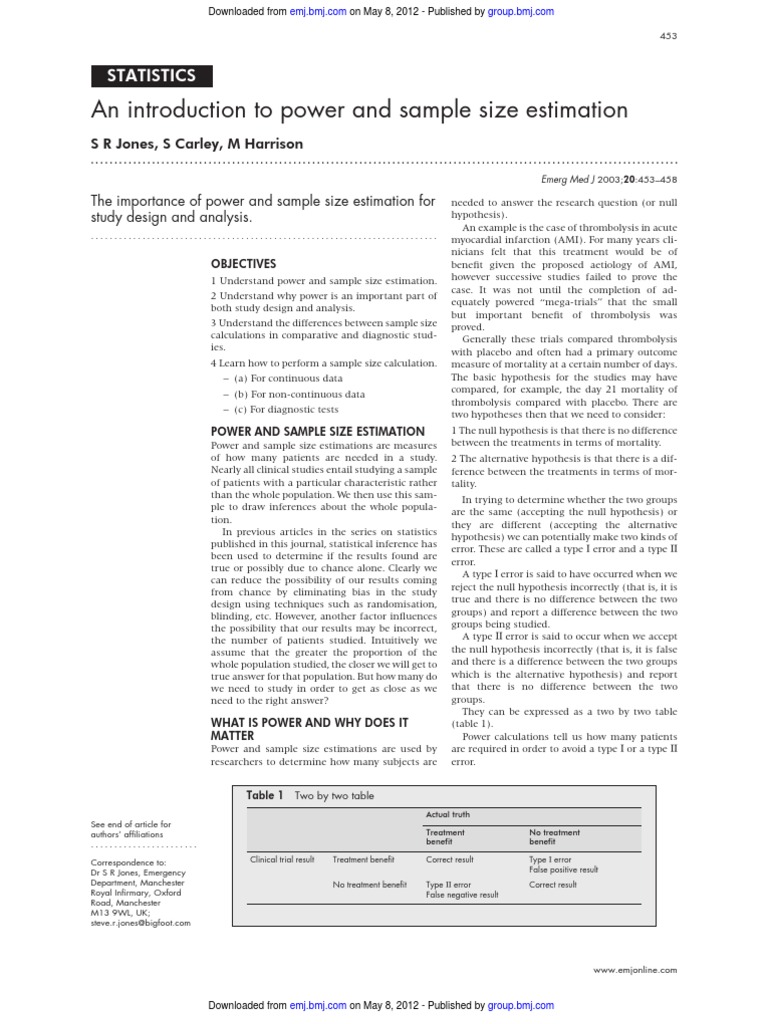 An Introduction To Power and Sample Size Estimation: Statistics | PDF ...