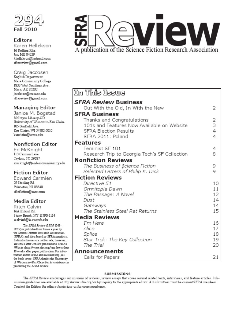 A Publication of The Science Fiction Research Association in This