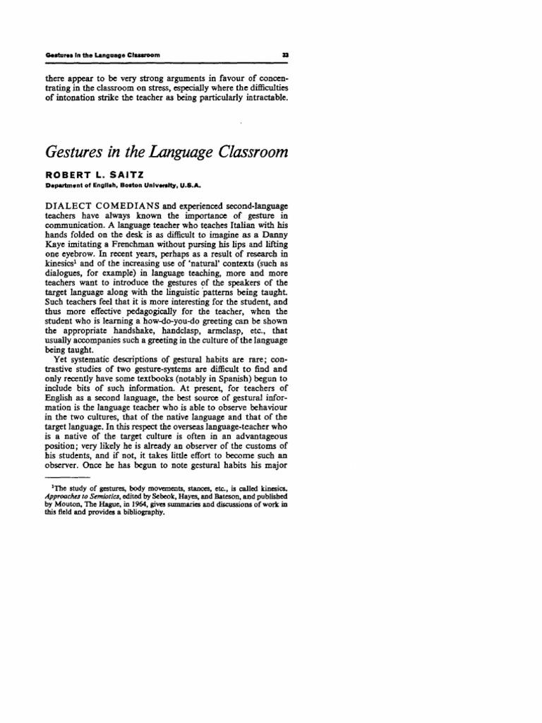 Importance of Gestures in Language Teaching | PDF | Gesture | Hand