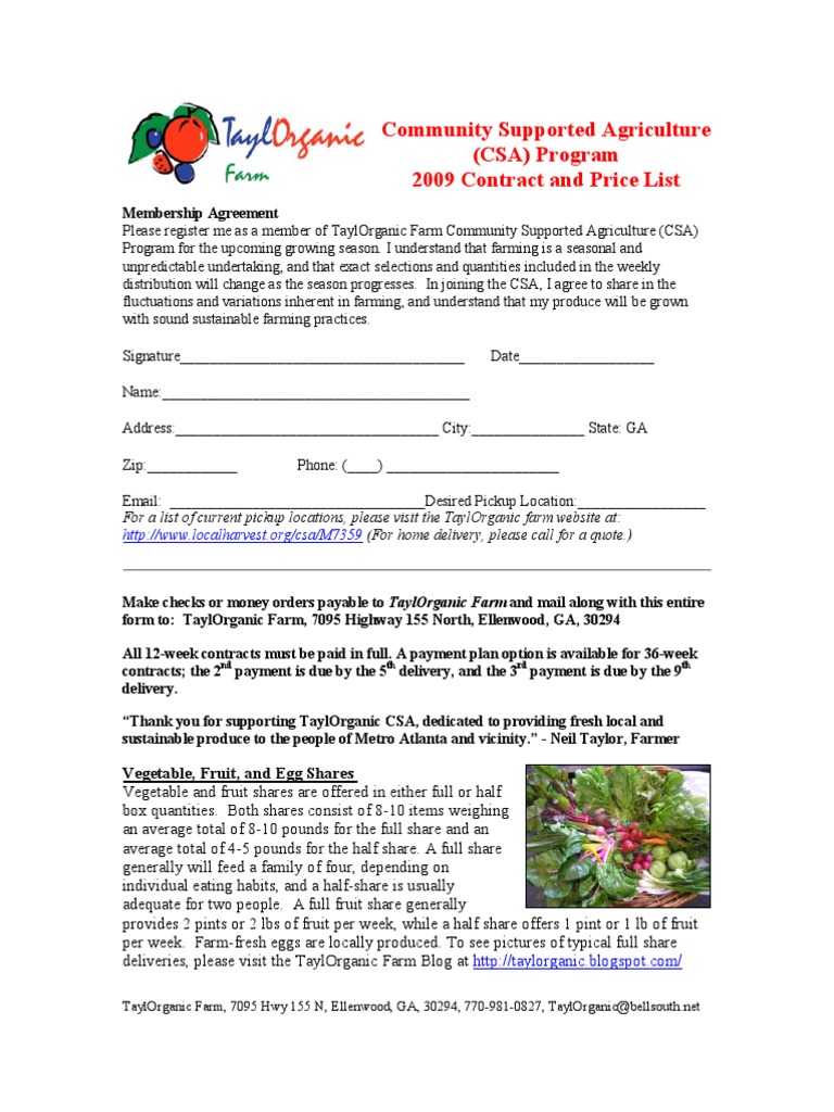 Community Supported Agriculture (CSA) Program 2009 Contract and Price ...
