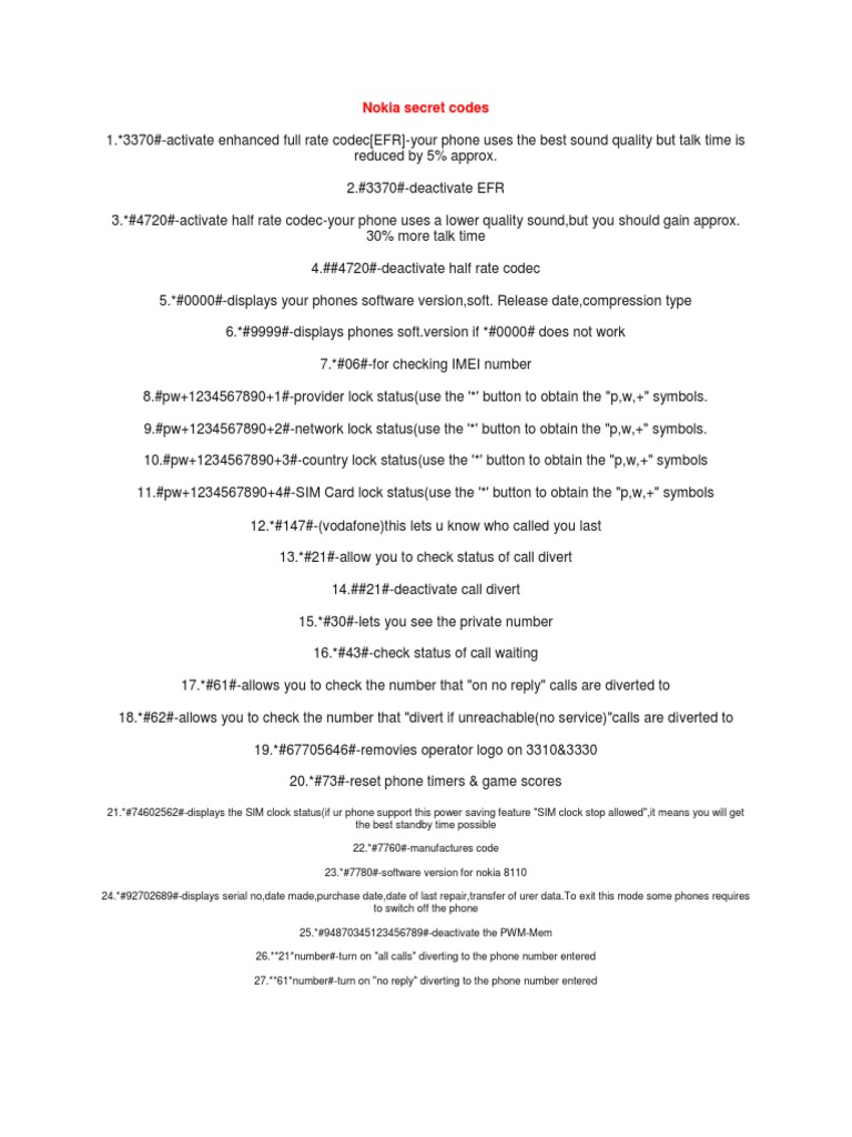Nokia Secret Codes and Functions | PDF