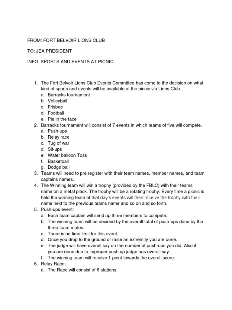 Memo for Picnic Sports Rules And Regulations Sports