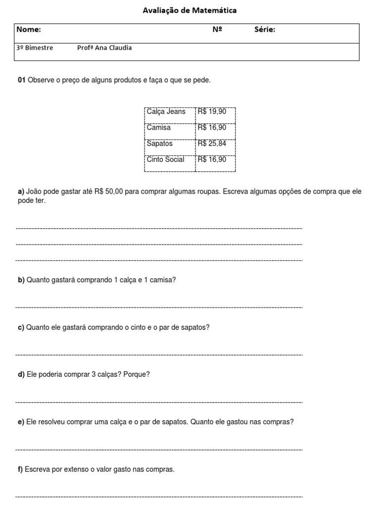 Prova De Matemática 6 Ano 3 Bimestre Com Gabarito